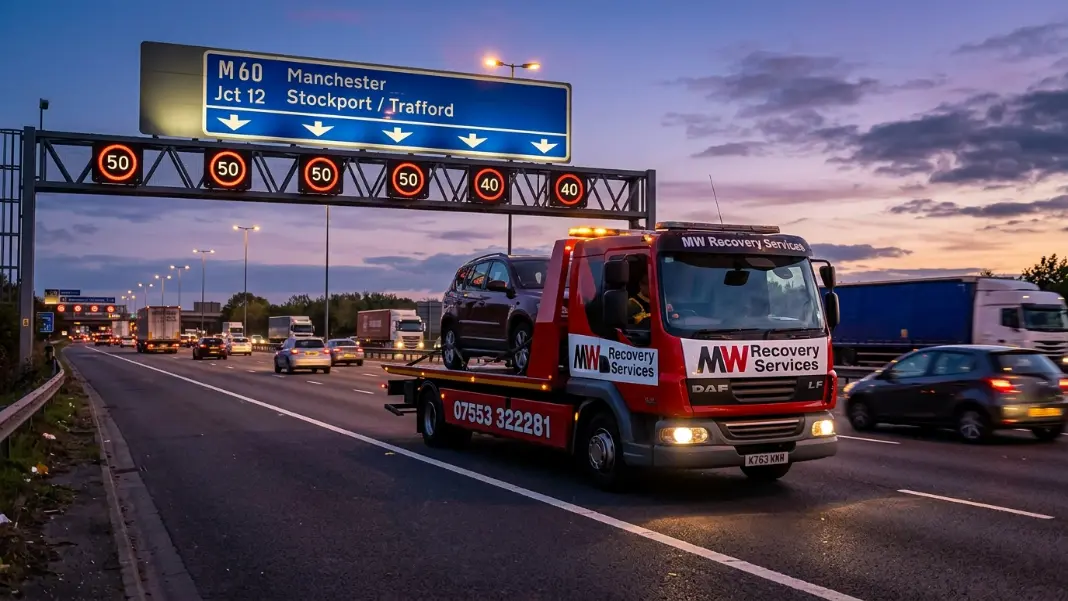 Recovery truck on the M60 motorway at dusk with overhead gantry signs, Greater Manchester
