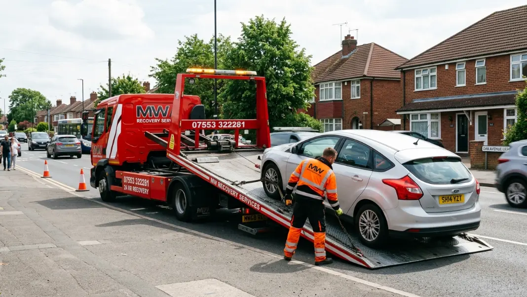 Recovery truck loading a car on a Manchester residential street, technician at work