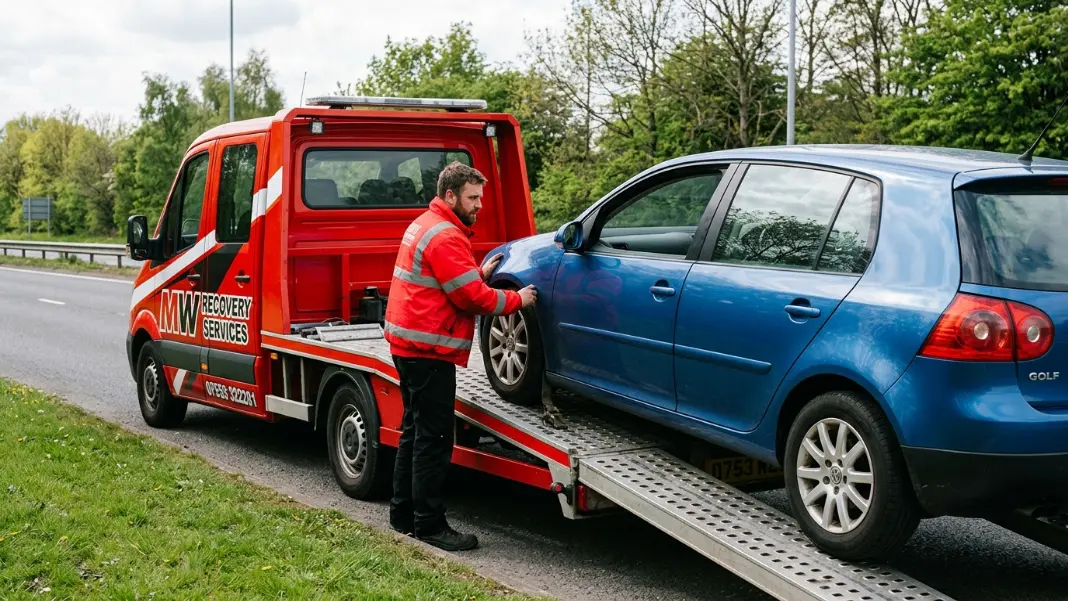 Technician loading a car onto a flatbed recovery truck using wheel ramps at the roadside
