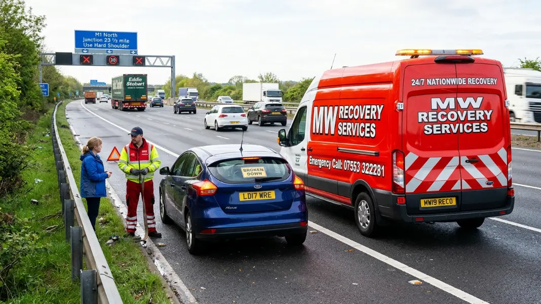 Car on motorway hard shoulder with hazard lights on, UK motorway