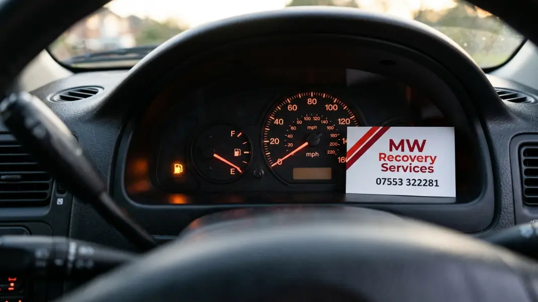 Car fuel gauge on empty, dashboard warning light illuminated