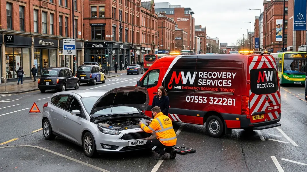 MW Recovery technician attending a broken-down vehicle on a Manchester road