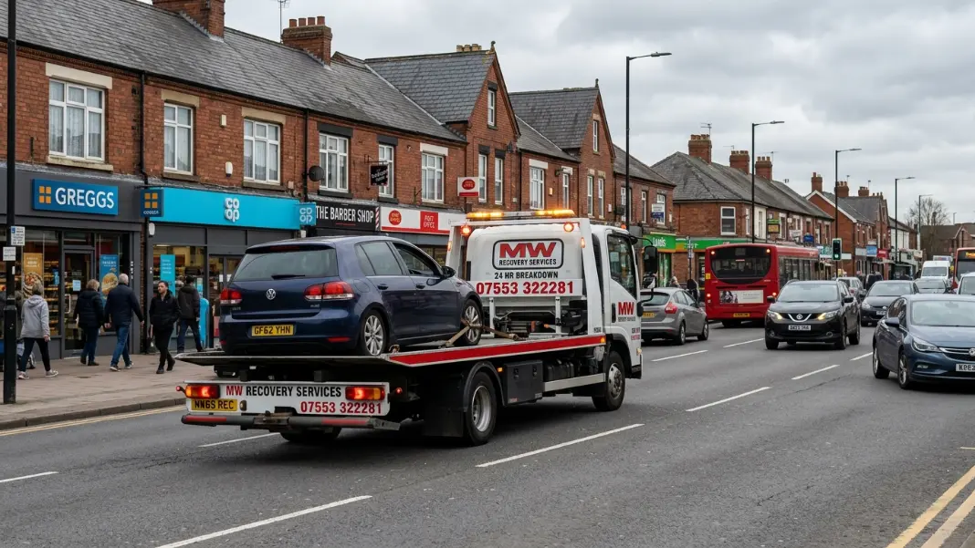 Recovery truck towing a car along the A6 through Stockport