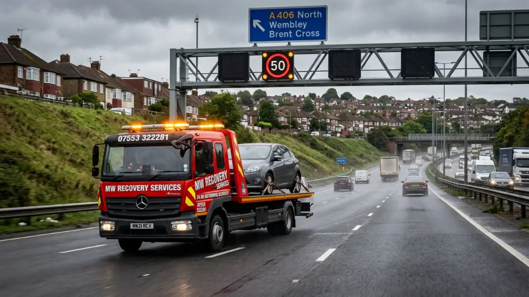 Flatbed recovery truck on the M60 motorway near Stockport