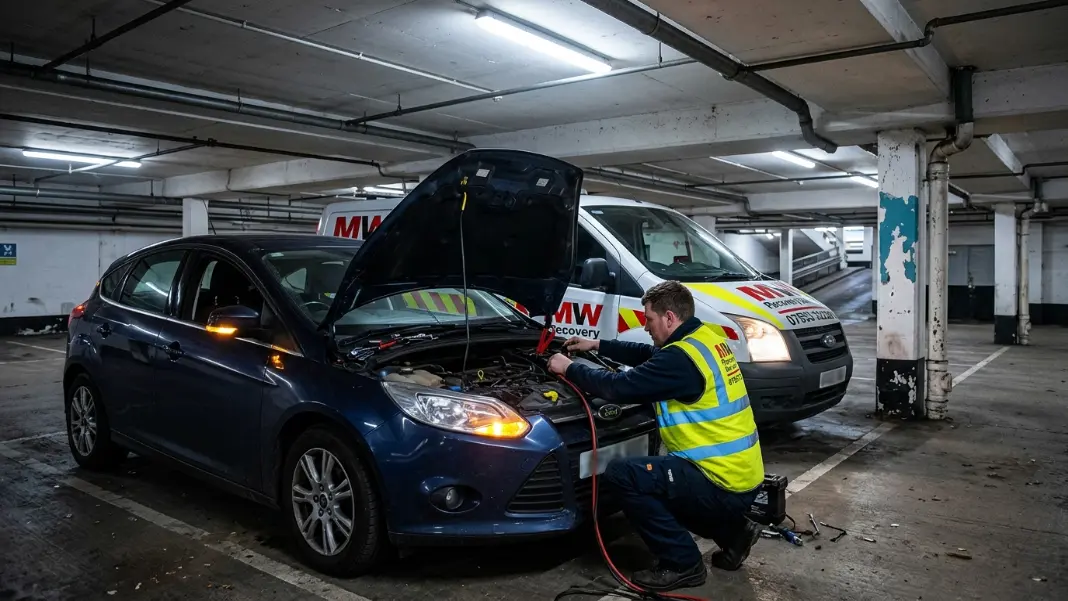 Recovery mechanic with jump leads in a Stockport multi-storey car park