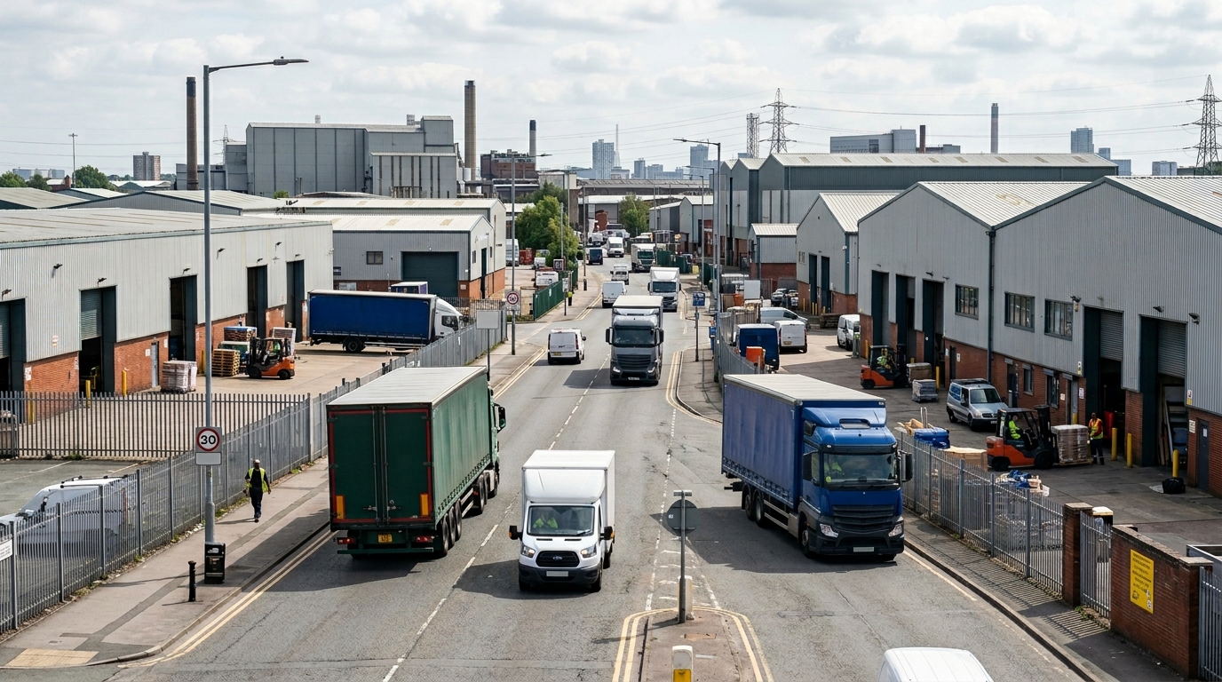 Commercial vans parked on a Salford industrial estate representing a fleet breakdown situation in Greater Manchester