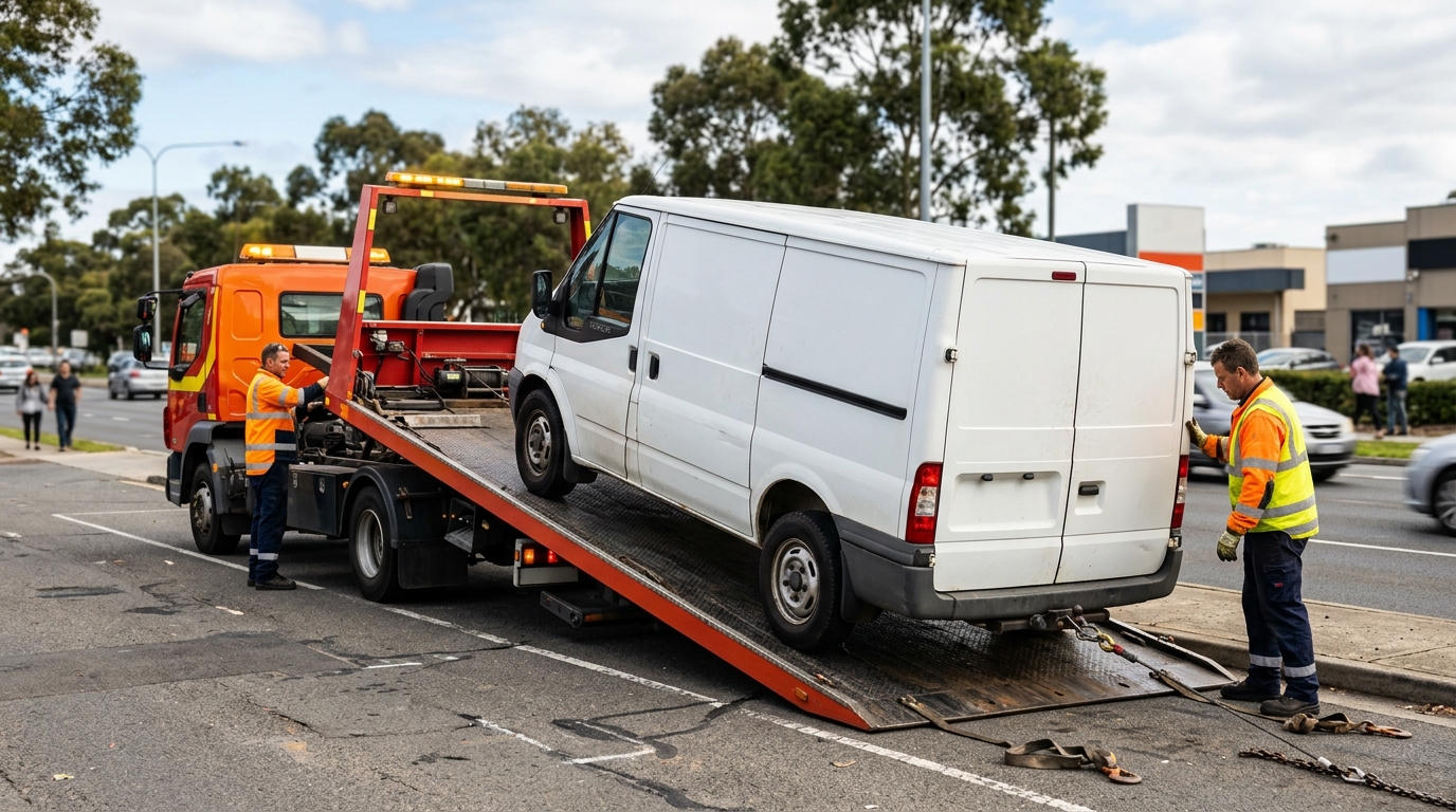 Van being loaded onto a flatbed recovery truck during a fleet van recovery operation in Salford Manchester
