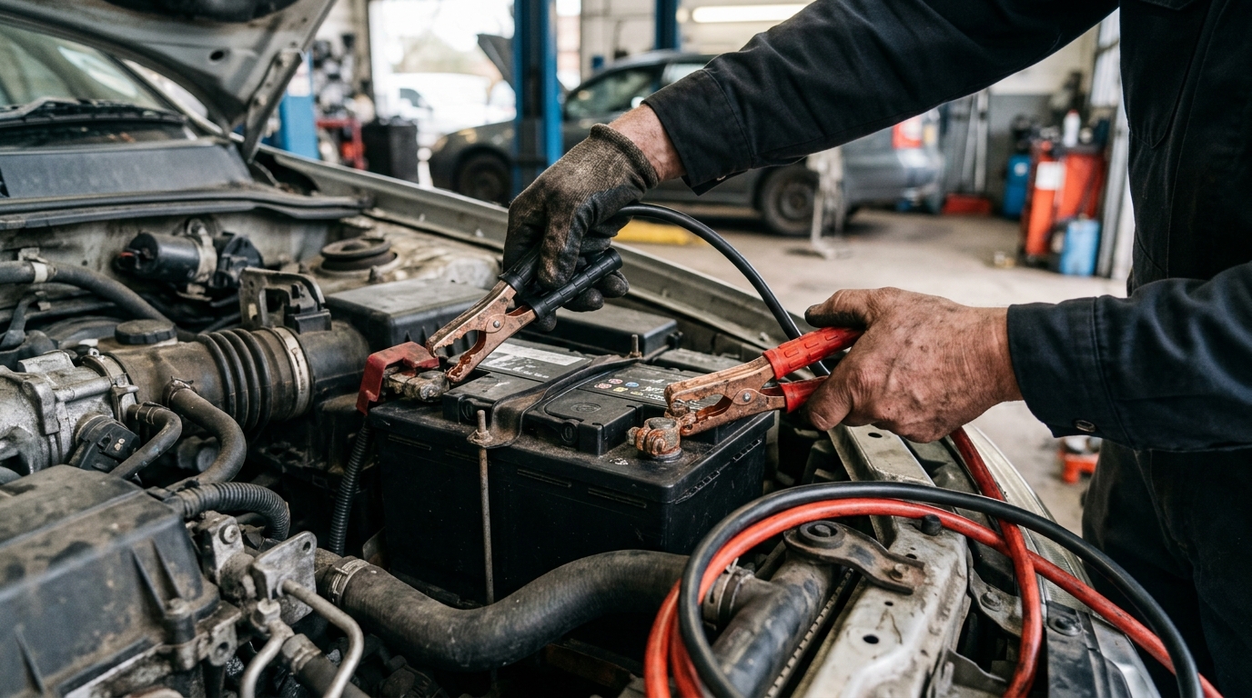 Jump leads connected to a car battery for a roadside jump start
