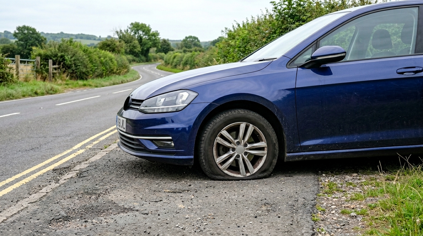 Flat tyre on a car parked at the roadside