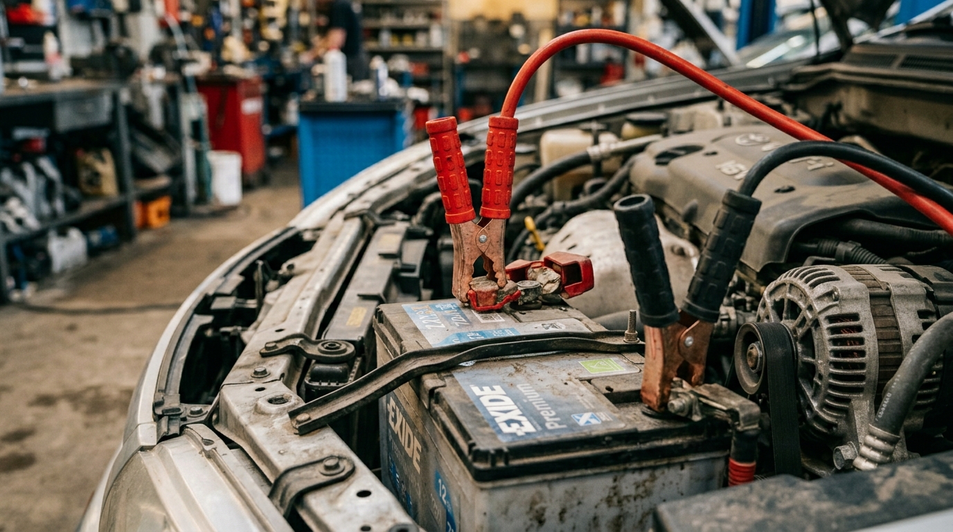 12-volt auxiliary battery with jump leads attached, a common cause of EV breakdowns
