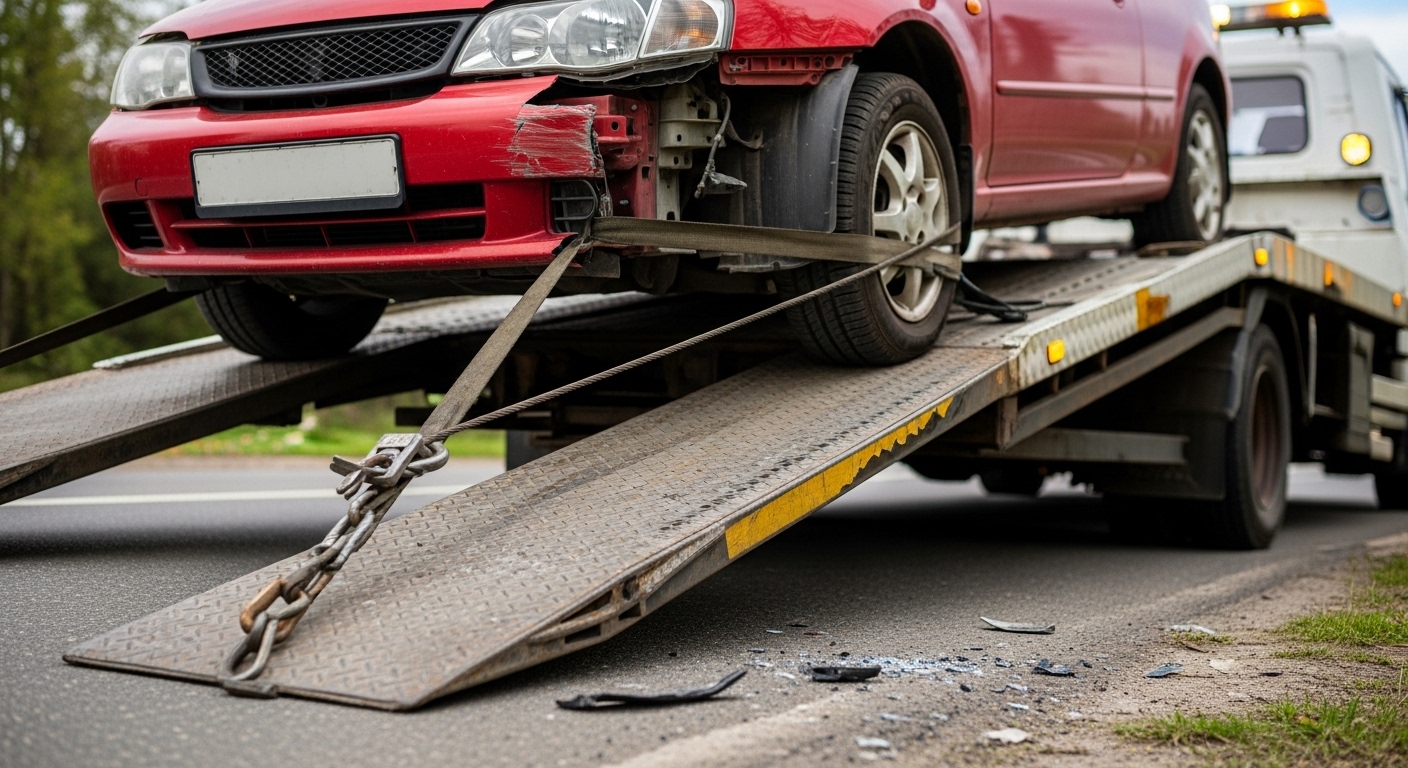 Car being loaded onto a flatbed recovery truck for safe transport