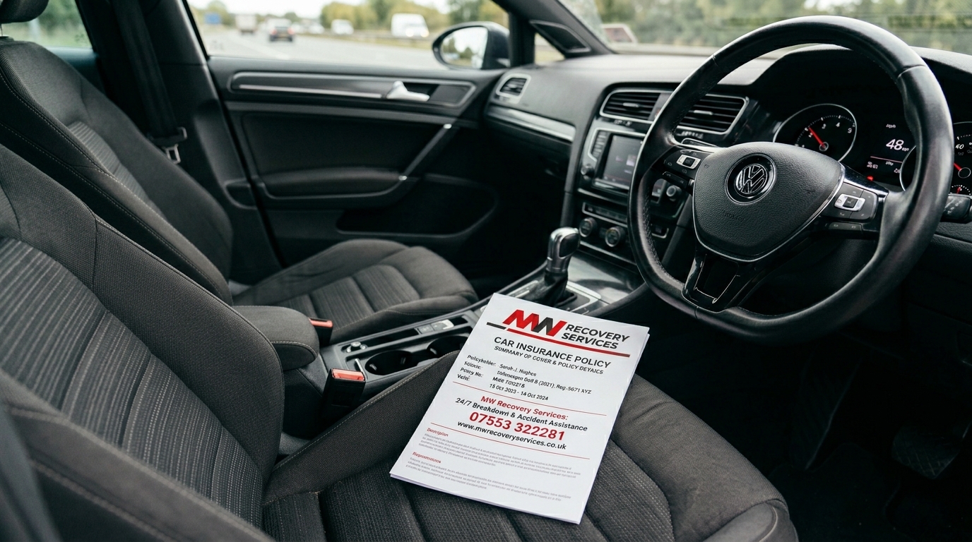 Car insurance policy document on passenger seat
