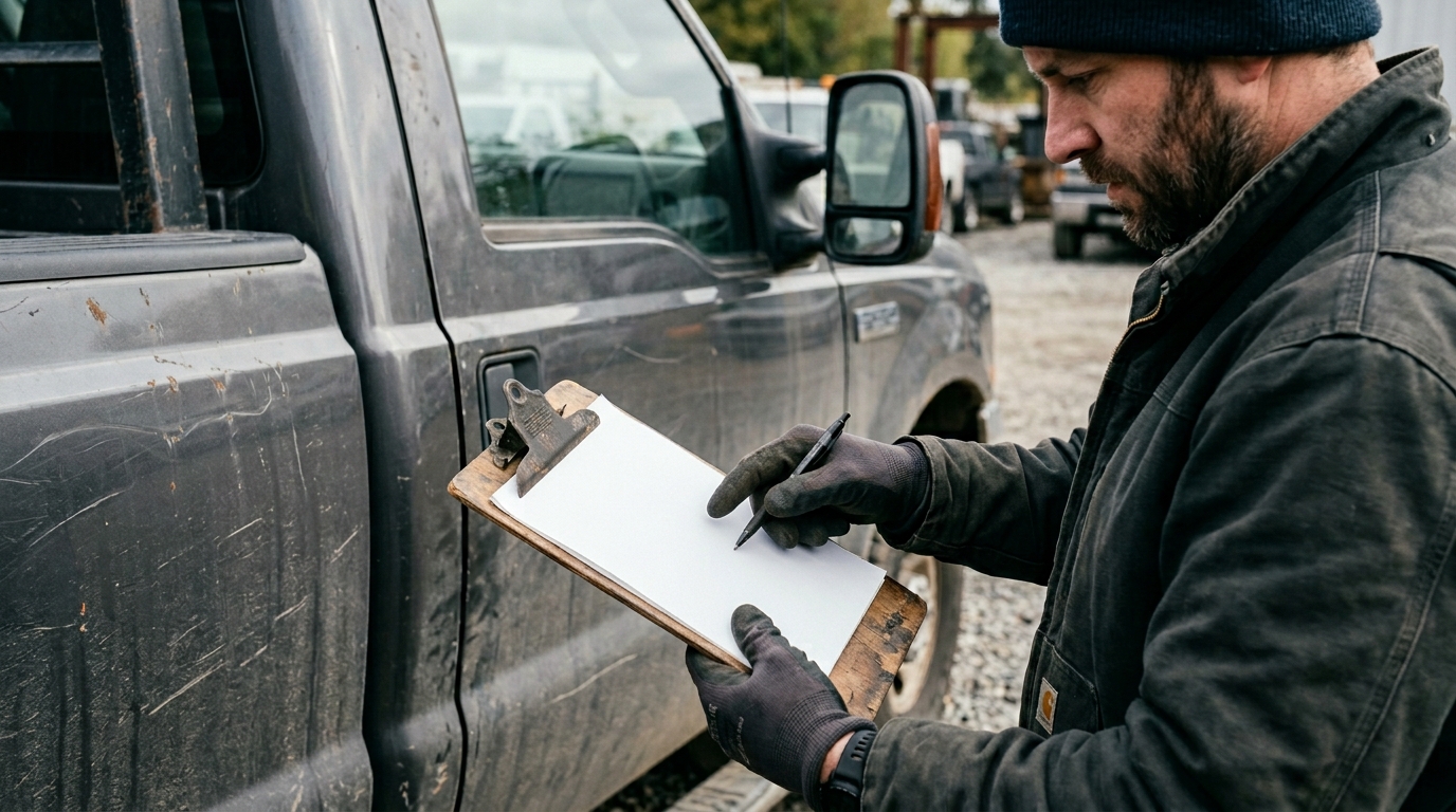 Car recovery quote being reviewed on a clipboard next to a vehicle before callout