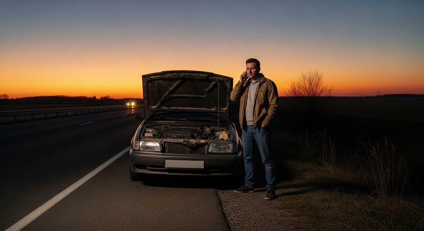 Driver calling for car recovery help next to a broken down vehicle
