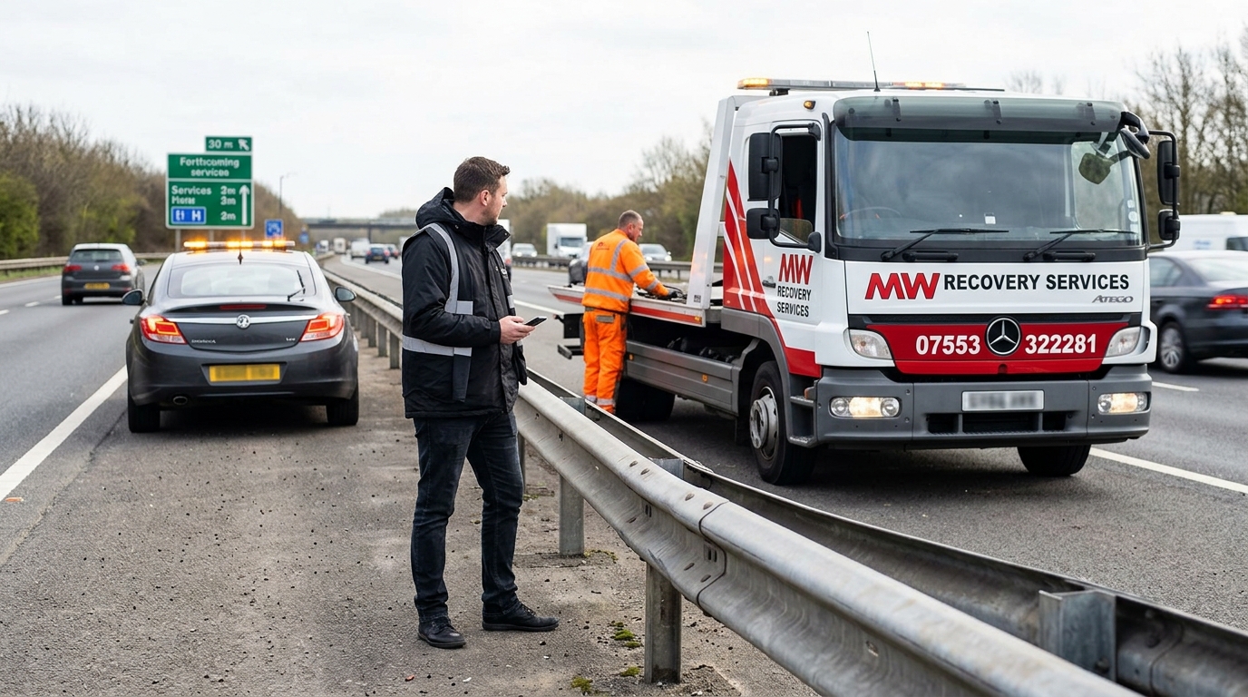 Driver standing safely behind nearside barrier on motorway