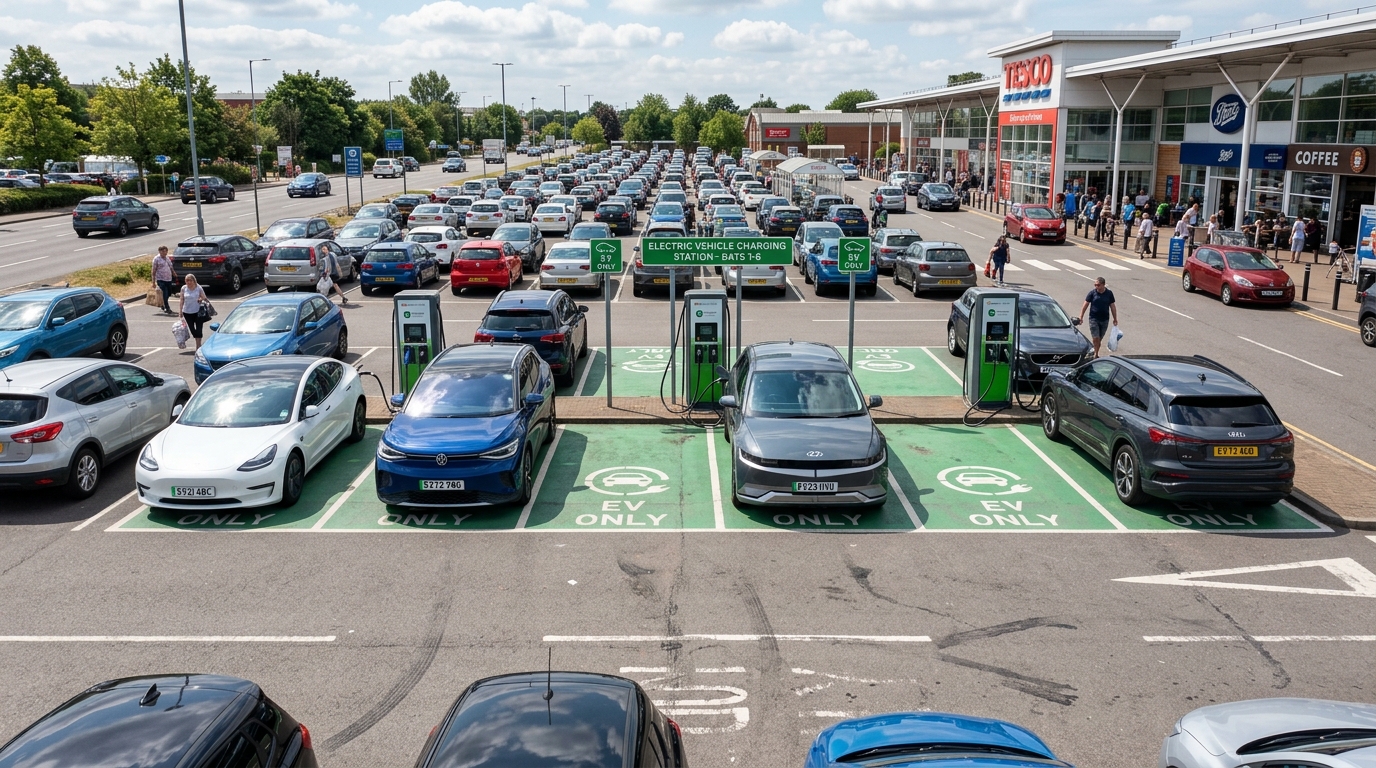 Electric vehicle charging bays in a busy car park showing demand and availability challenges