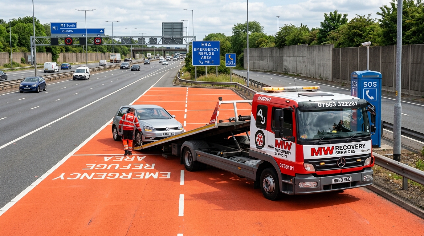 Emergency Refuge Area on motorway with orange surfacing and SOS phone box