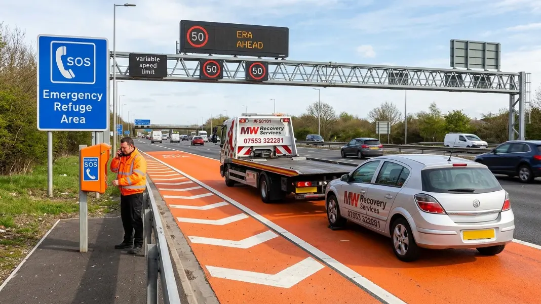 Emergency Refuge Area on UK smart motorway with orange surfacing and SOS phone box