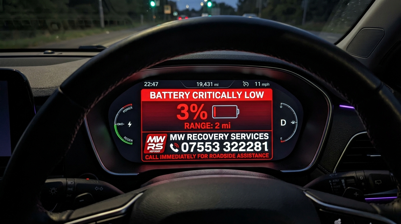 EV dashboard showing critically low battery warning