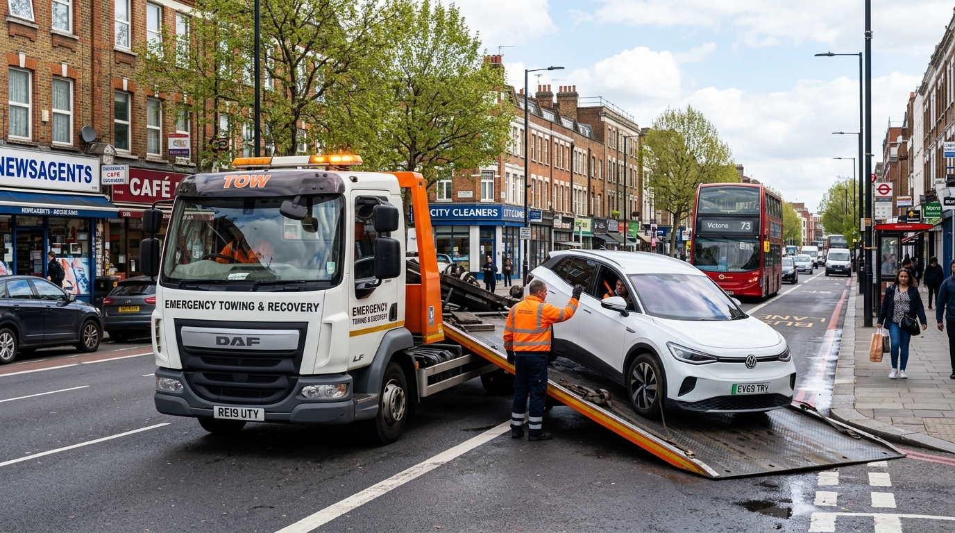 Flatbed recovery truck loading an electric car for safe EV recovery in Manchester