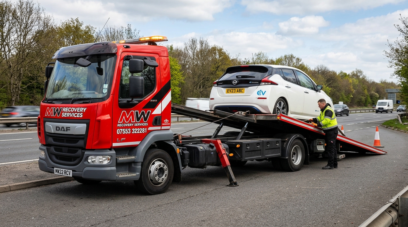 Flatbed recovery truck loading an electric vehicle