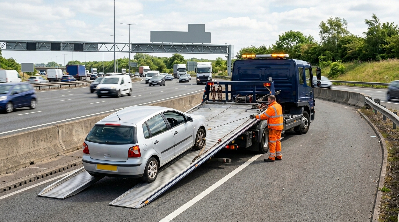 Flatbed recovery truck loading a car on a motorway hard shoulder in Greater Manchester