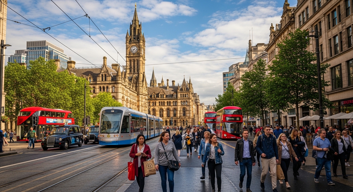 Manchester city centre street scene with vehicles
