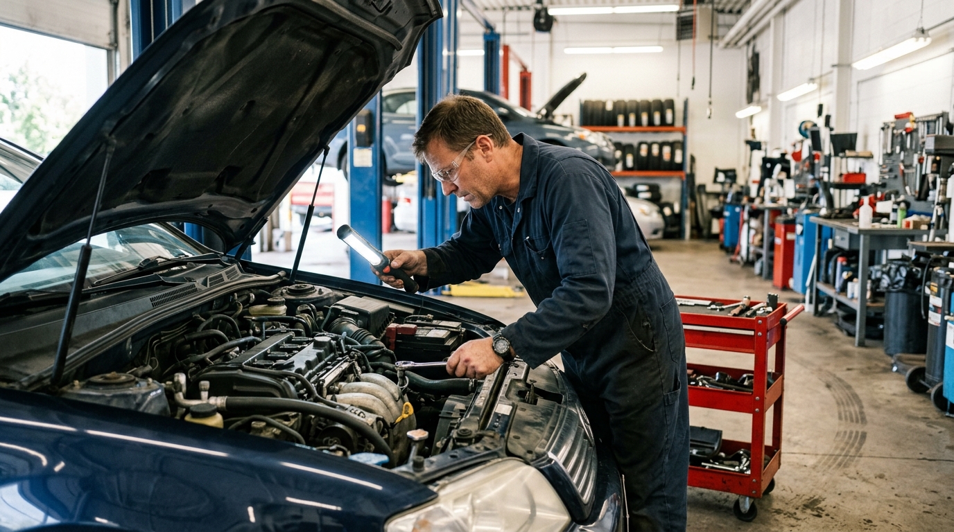 Mechanic inspecting a vehicle in a workshop garage after breakdown recovery in Salford