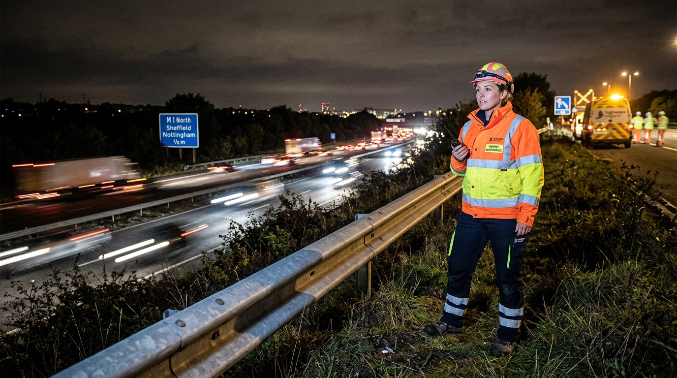 Driver in high-visibility vest standing safely behind a motorway barrier at night