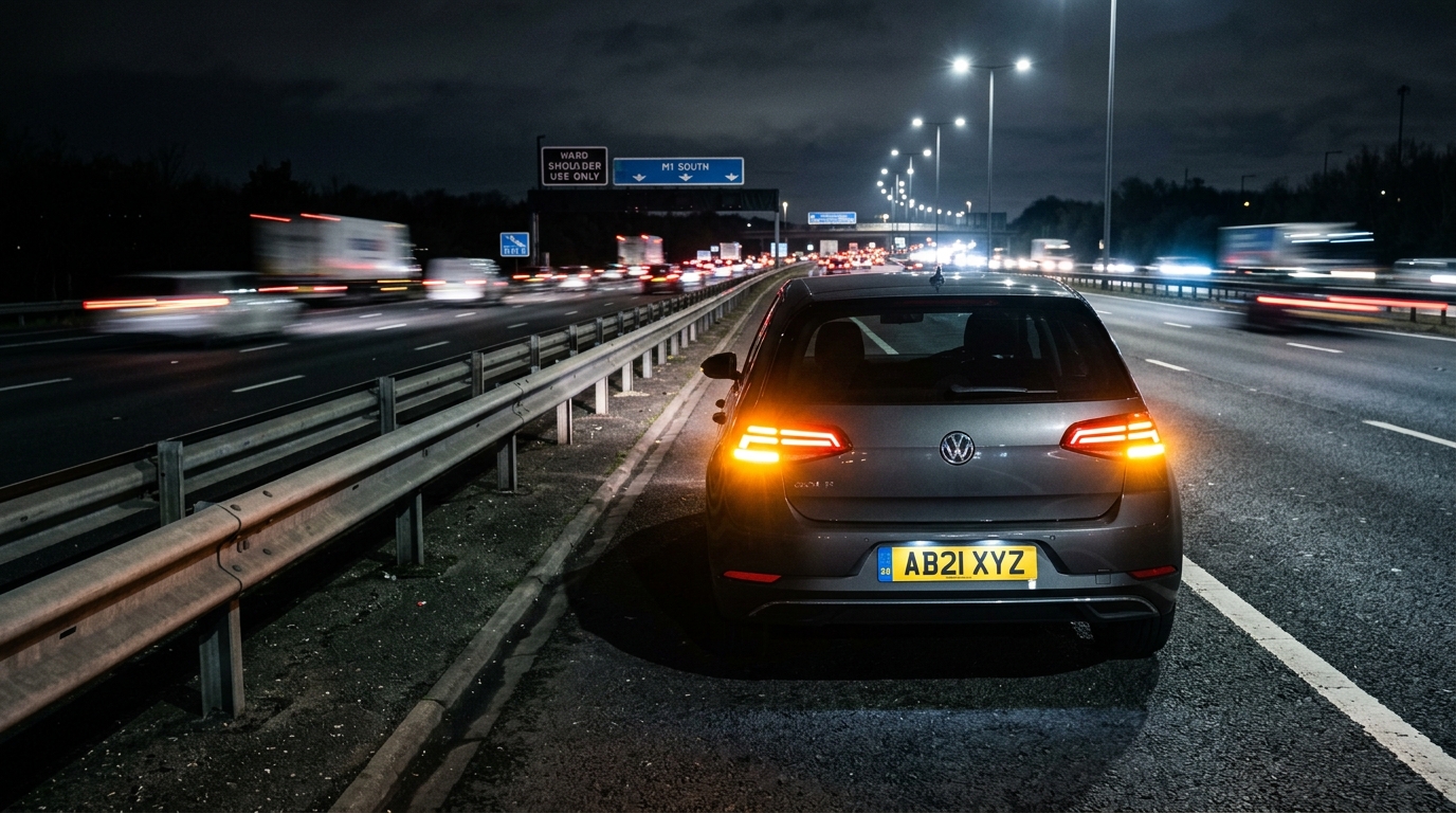Car on motorway hard shoulder at night with hazard lights flashing