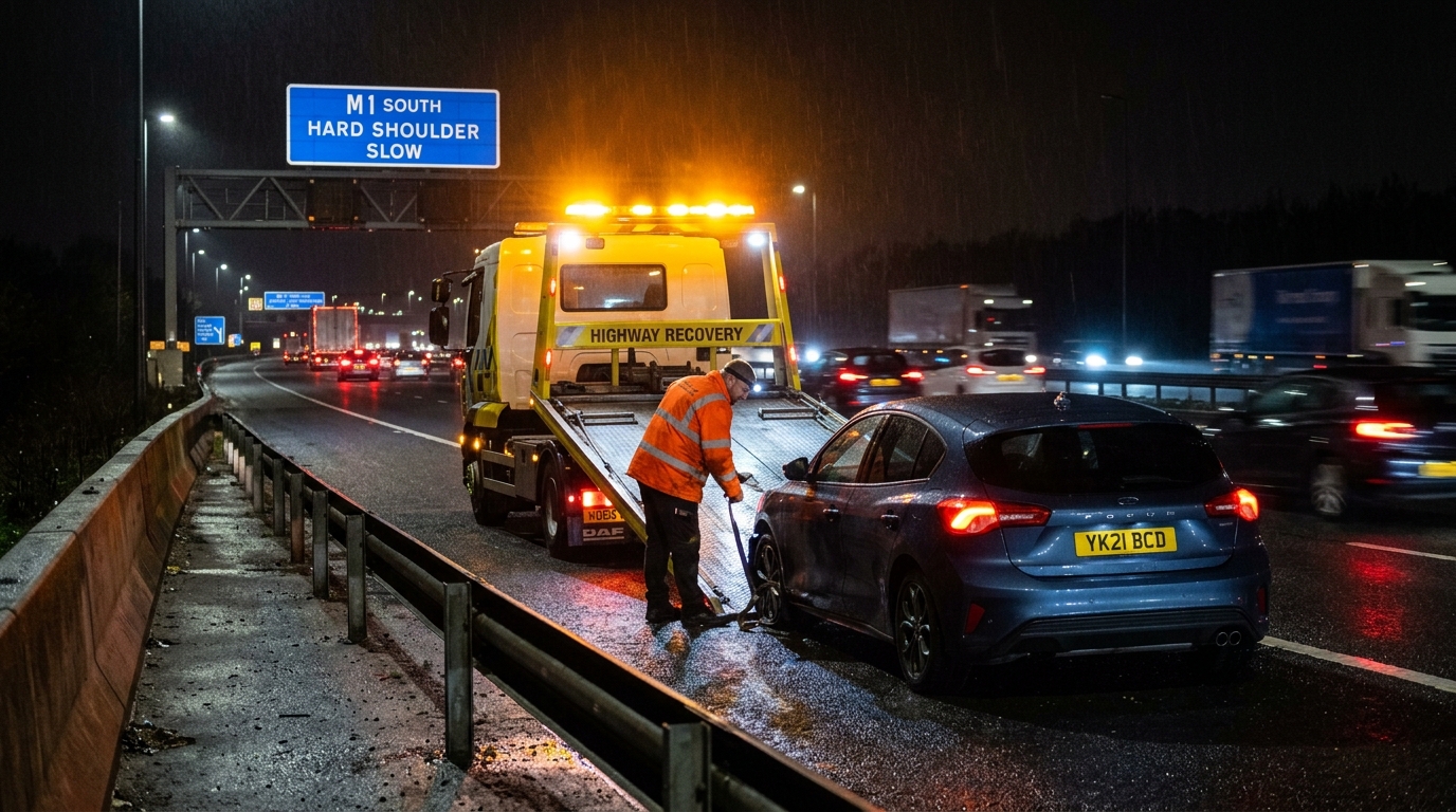 Recovery truck with amber beacon lights attending a motorway breakdown at night