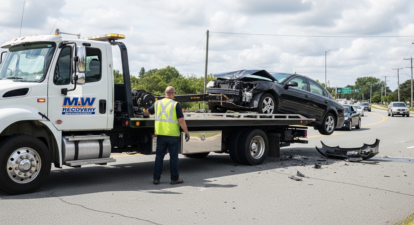 Damaged vehicle being carefully loaded onto MW Recovery flatbed truck