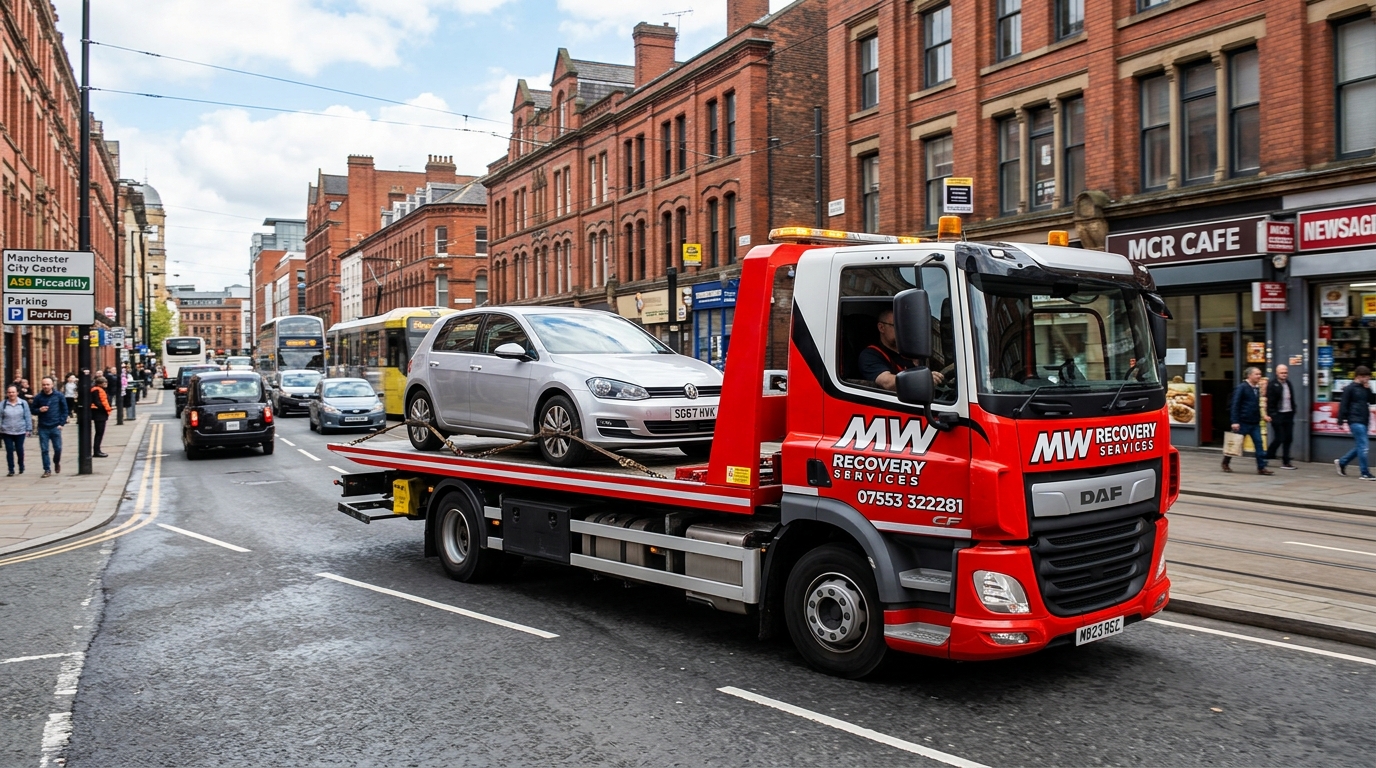 MW Recovery flatbed truck on Manchester road
