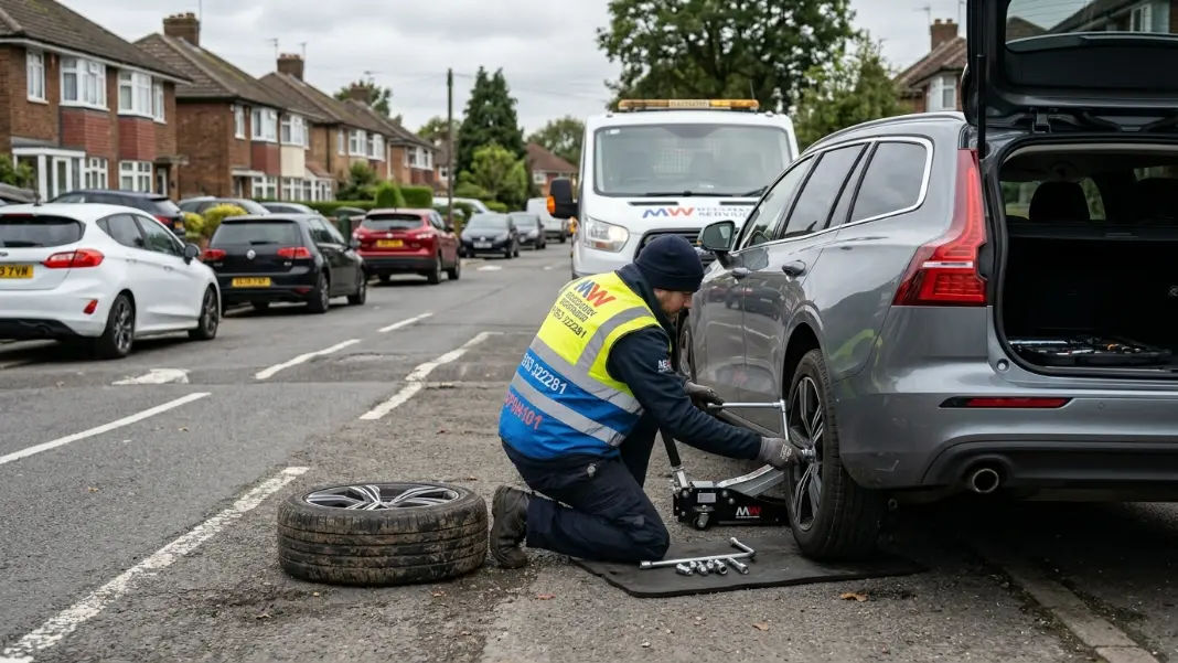 Recovery technician changing a flat tyre at the roadside