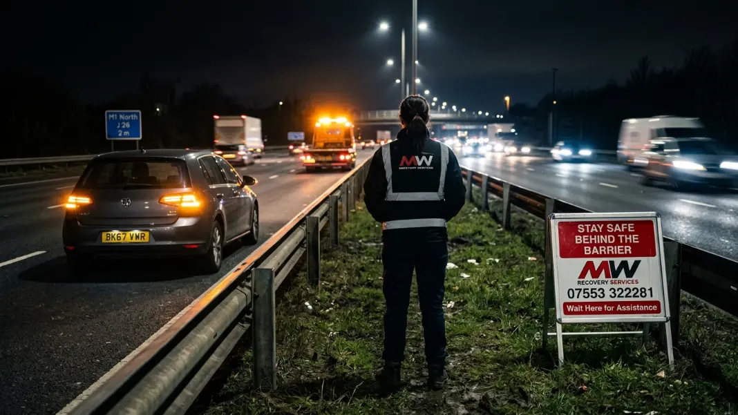 Driver standing safely on motorway verge while recovery truck approaches at night