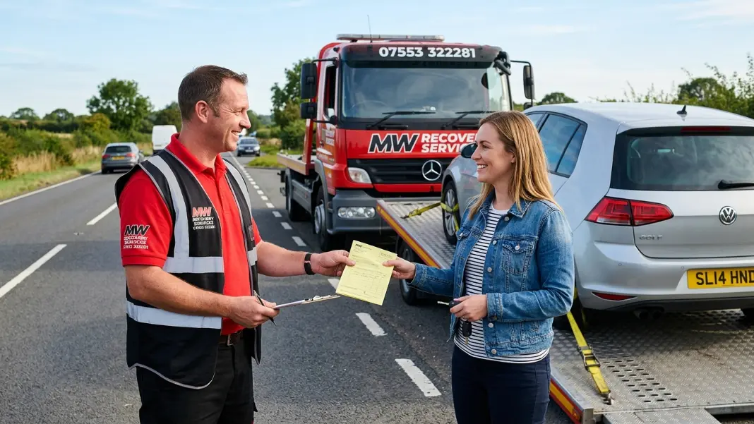 Recovery driver handing paperwork to relieved driver after car loaded onto flatbed truck