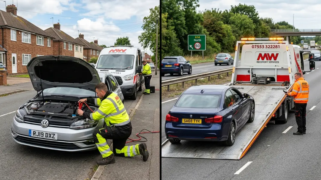 Roadside assistance technician jump-starting a battery and flatbed recovery truck loading a car