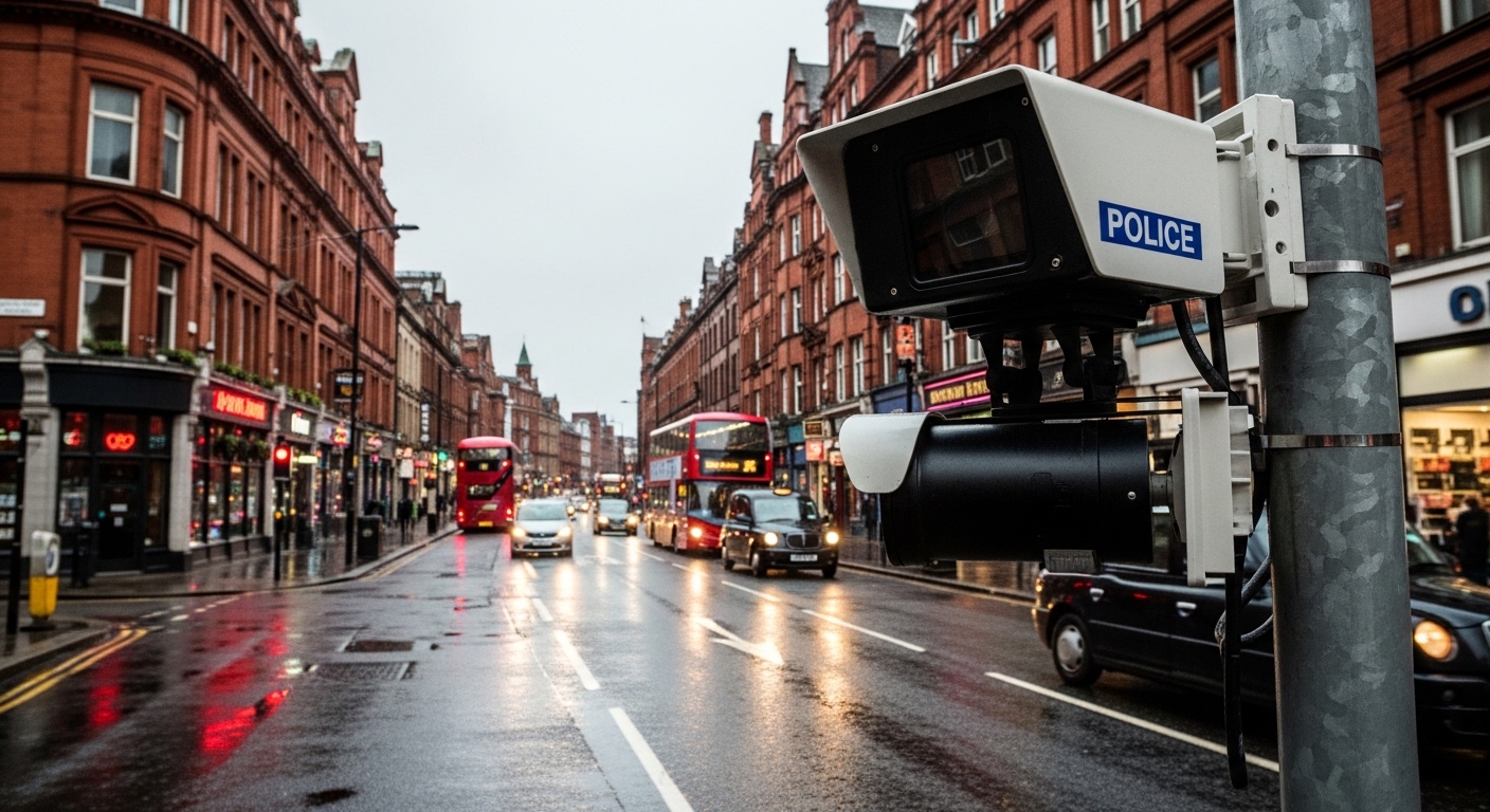Police ANPR camera on a Manchester street checking vehicle insurance
