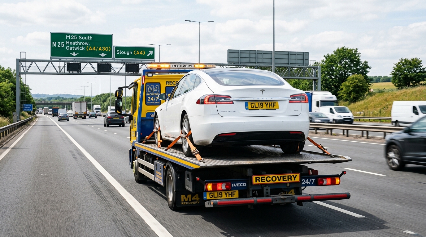 White Tesla loaded on a flatbed recovery truck for safe transport in Manchester