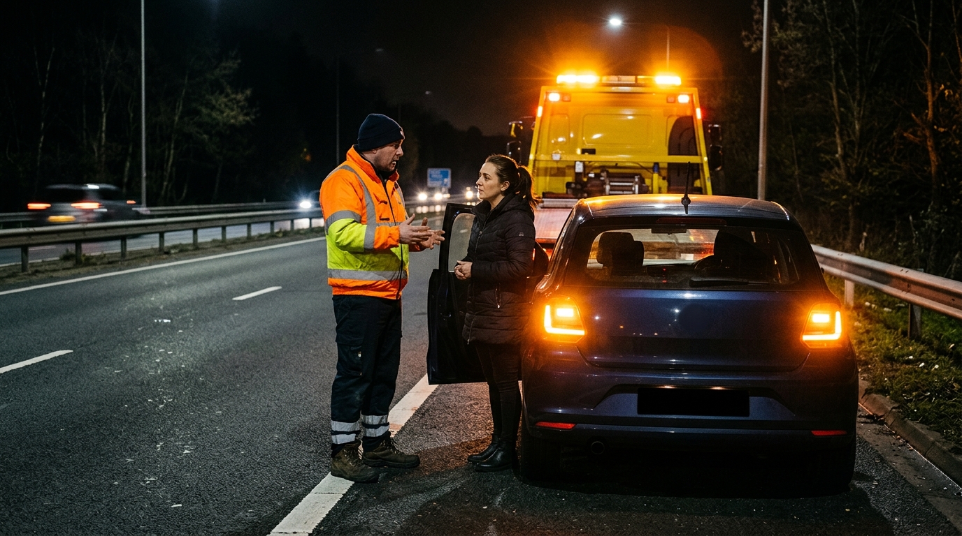 Recovery operator in hi-vis speaking to a driver at the roadside at night in Manchester