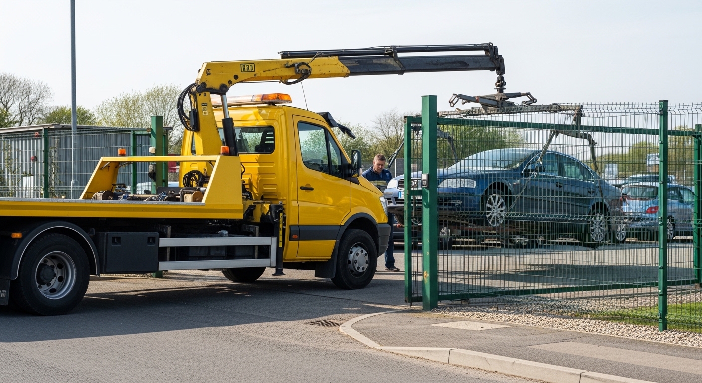 Recovery truck collecting a vehicle from a compound gate in Manchester