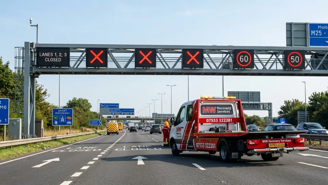 Smart motorway overhead gantry showing red X lane closure signs