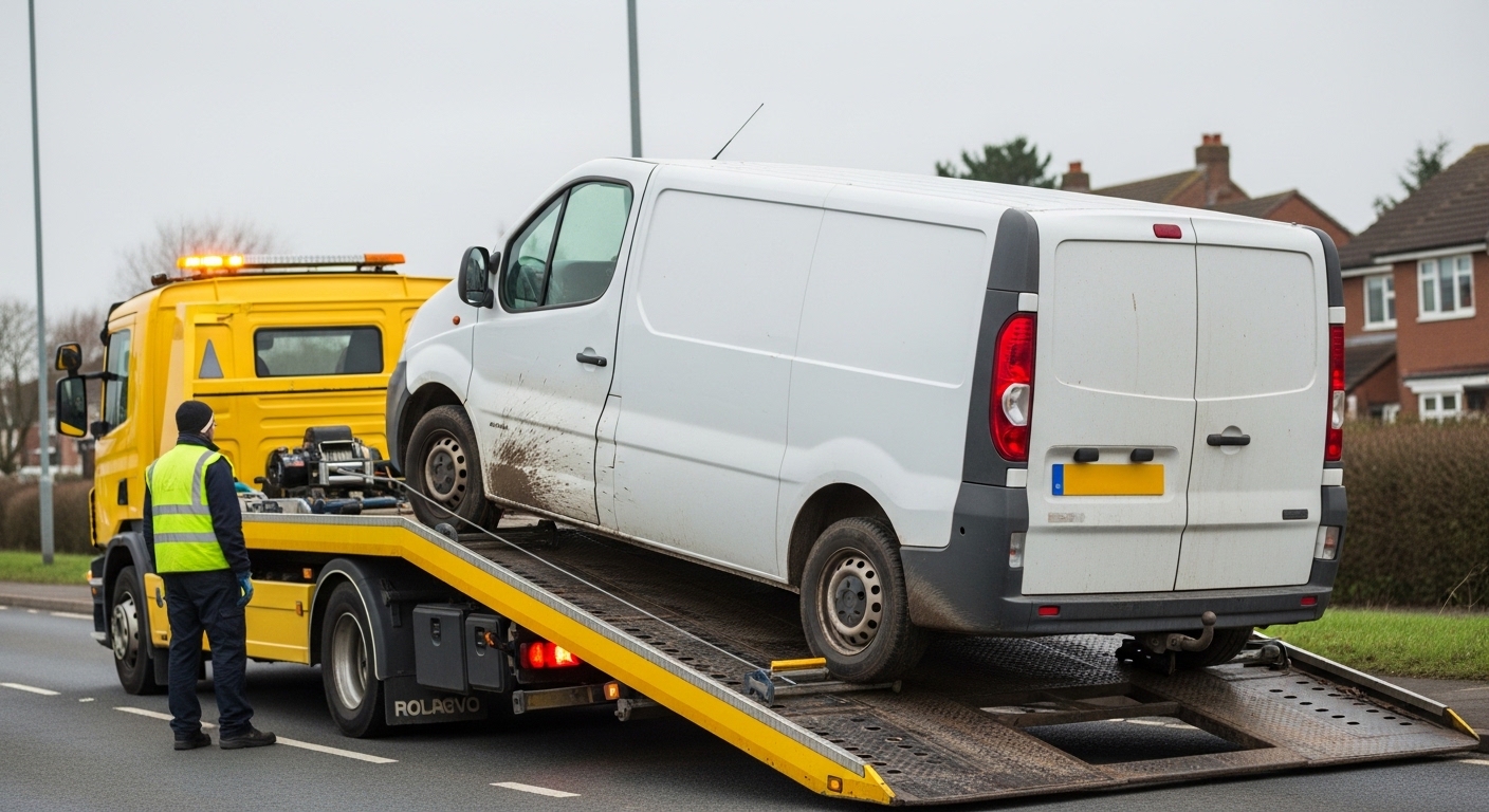 Van being loaded onto a flatbed recovery truck in Manchester
